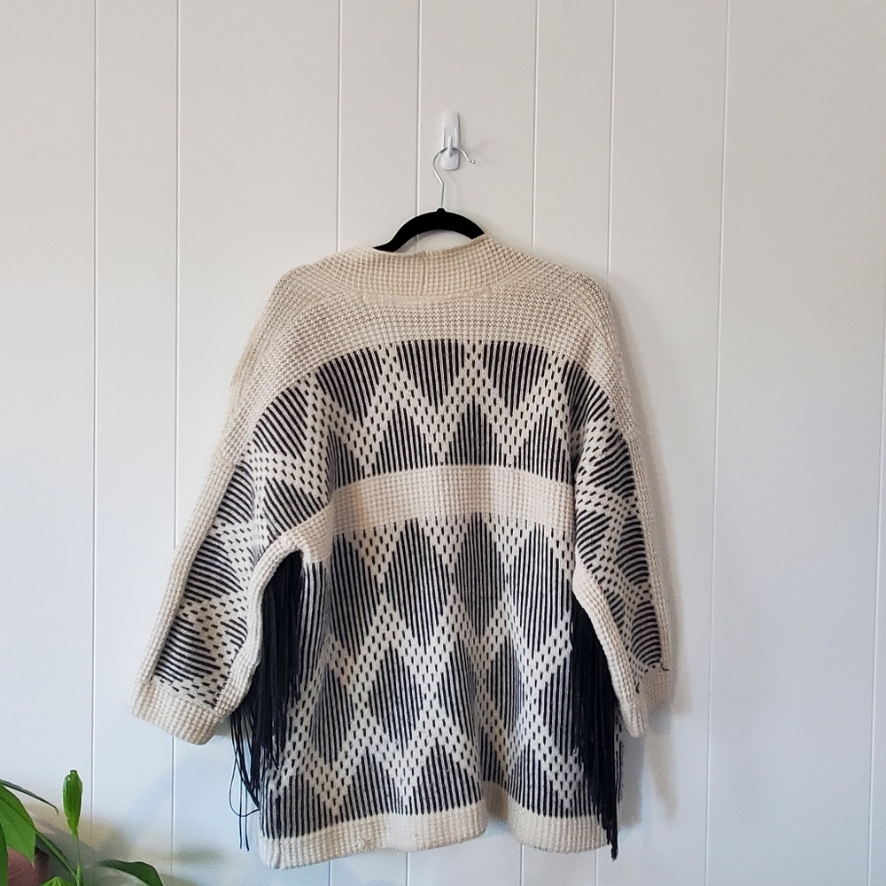 Black and White Oversized Cardigan with Fringe